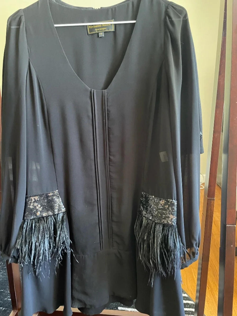 Italy Designer Black Silk Mini Dress | Sequin & Feather Detail | S - Picture 4 of 6